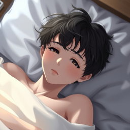 Anime boy with youthful features lying on a bed, soft lighting accentuating his delicate features, with an expression of serene relaxation