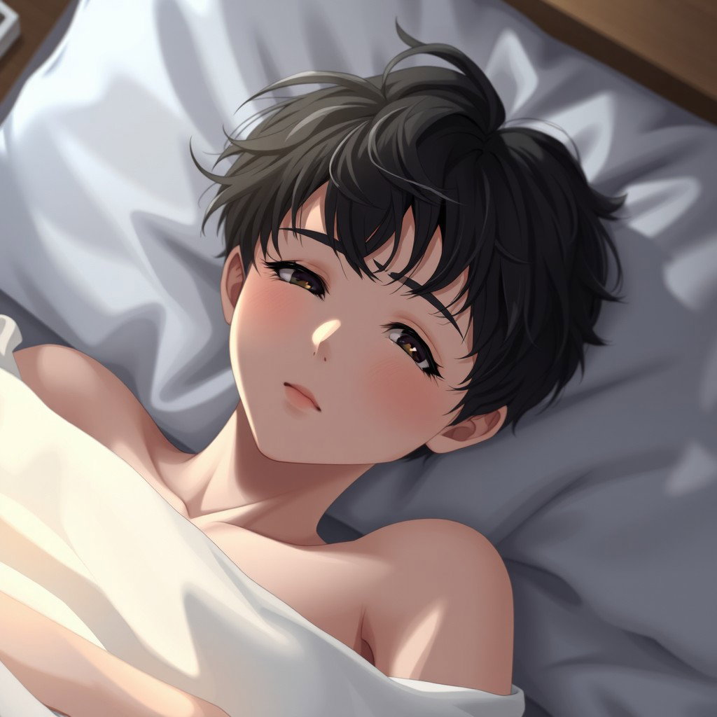 Anime boy with youthful features lying on a bed, soft lighting accentuating his delicate features, with an expression of serene relaxation