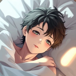 Anime boy with youthful features lying on a bed, soft lighting accentuating his delicate features, with an expression of serene relaxation