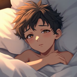 Anime boy with youthful features lying on a bed, soft lighting accentuating his delicate features, with an expression of serene relaxation