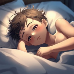 Anime boy with youthful features lying on a bed, soft lighting accentuating his delicate features, with an expression of serene relaxation