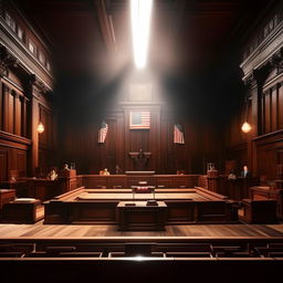 A grand court of law, filled with wooden benches and desks, intense spotlight on the judge's seat, with gavel and American flag, lawyers prepping for battle, saturated with a profound sense of justice and order.