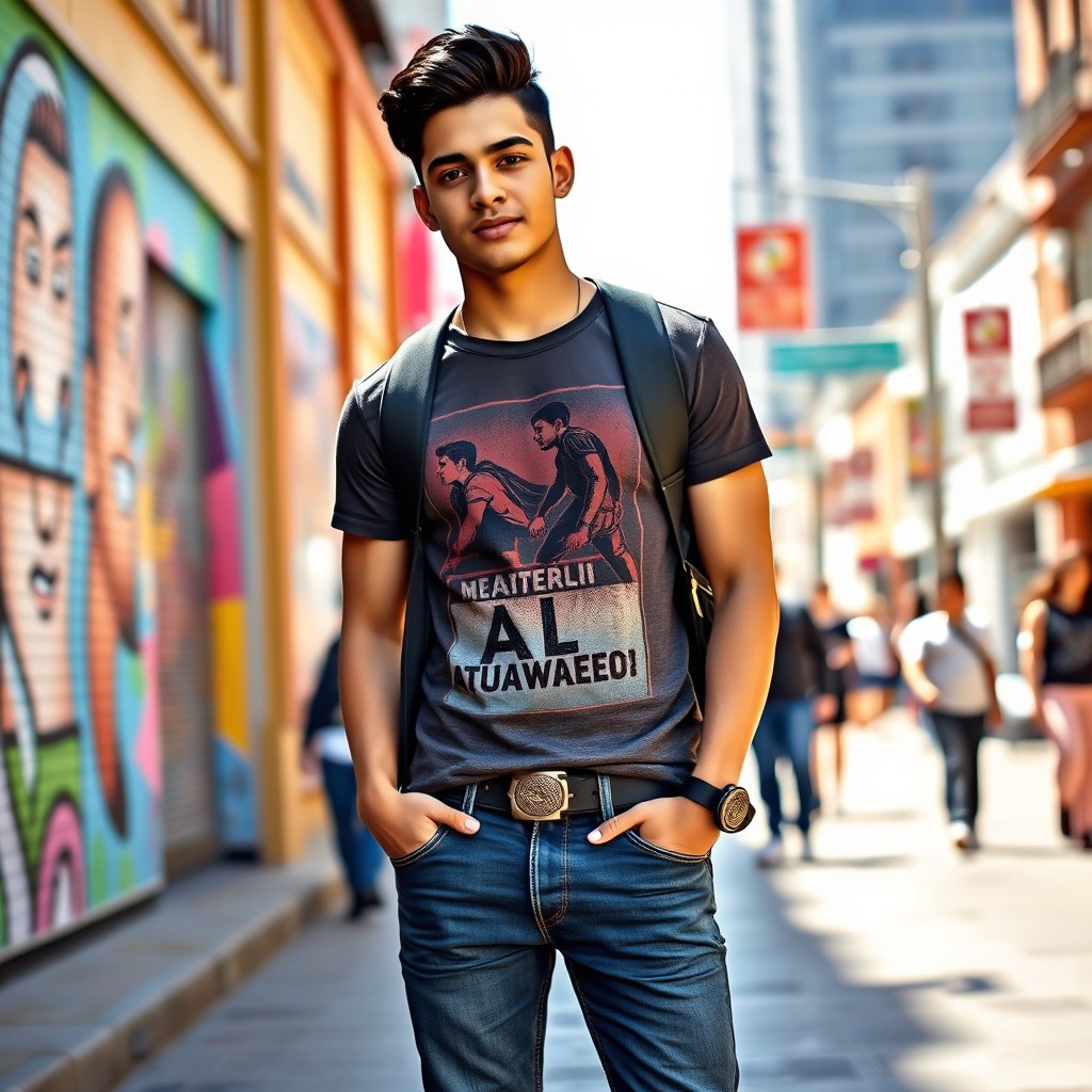 A 19-year-old Mexican male standing confidently, showcasing his stylish urban outfit with a modern flair