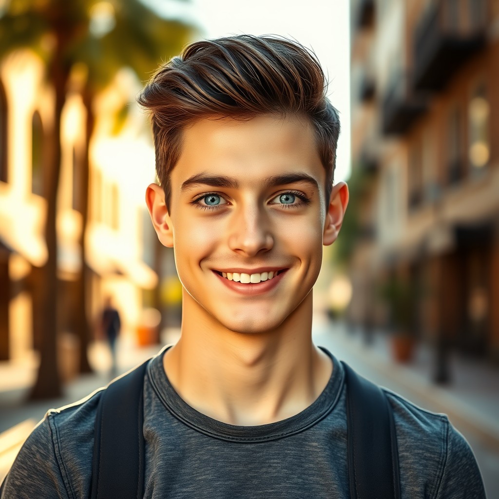 A handsome 19-year-old male with defined facial features, short dark hair, and bright blue eyes