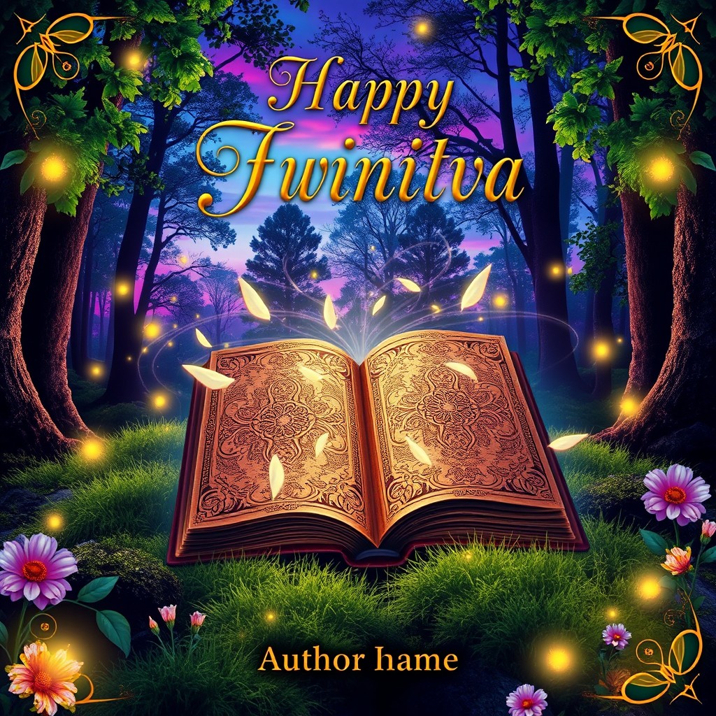 A beautifully designed book cover featuring a mystical forest scene at twilight, with vibrant colors like deep purples and blues in the sky, and glowing fireflies scattered among lush, green trees