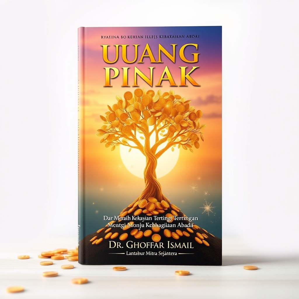 A captivating book cover for 'Uang Beranak Pinak' featuring a visually engaging illustration of a tree made of golden coins, symbolizing wealth and prosperity