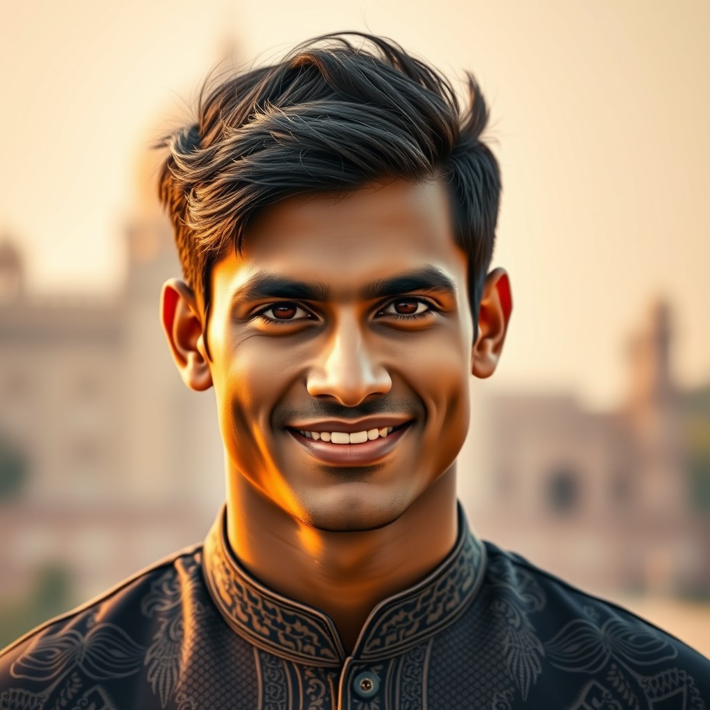 A striking portrait of a handsome Indian man, showcasing chiseled features and a charismatic smile