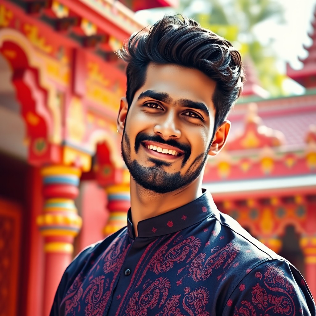 A handsome Indian man with striking features, showcasing a confident and charming expression