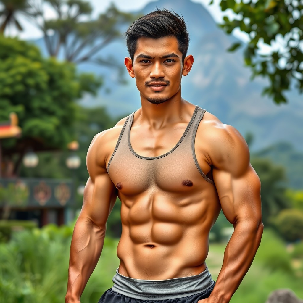 A strong Thai man showcasing impressive muscles and athletic build, standing confidently in a natural outdoor setting