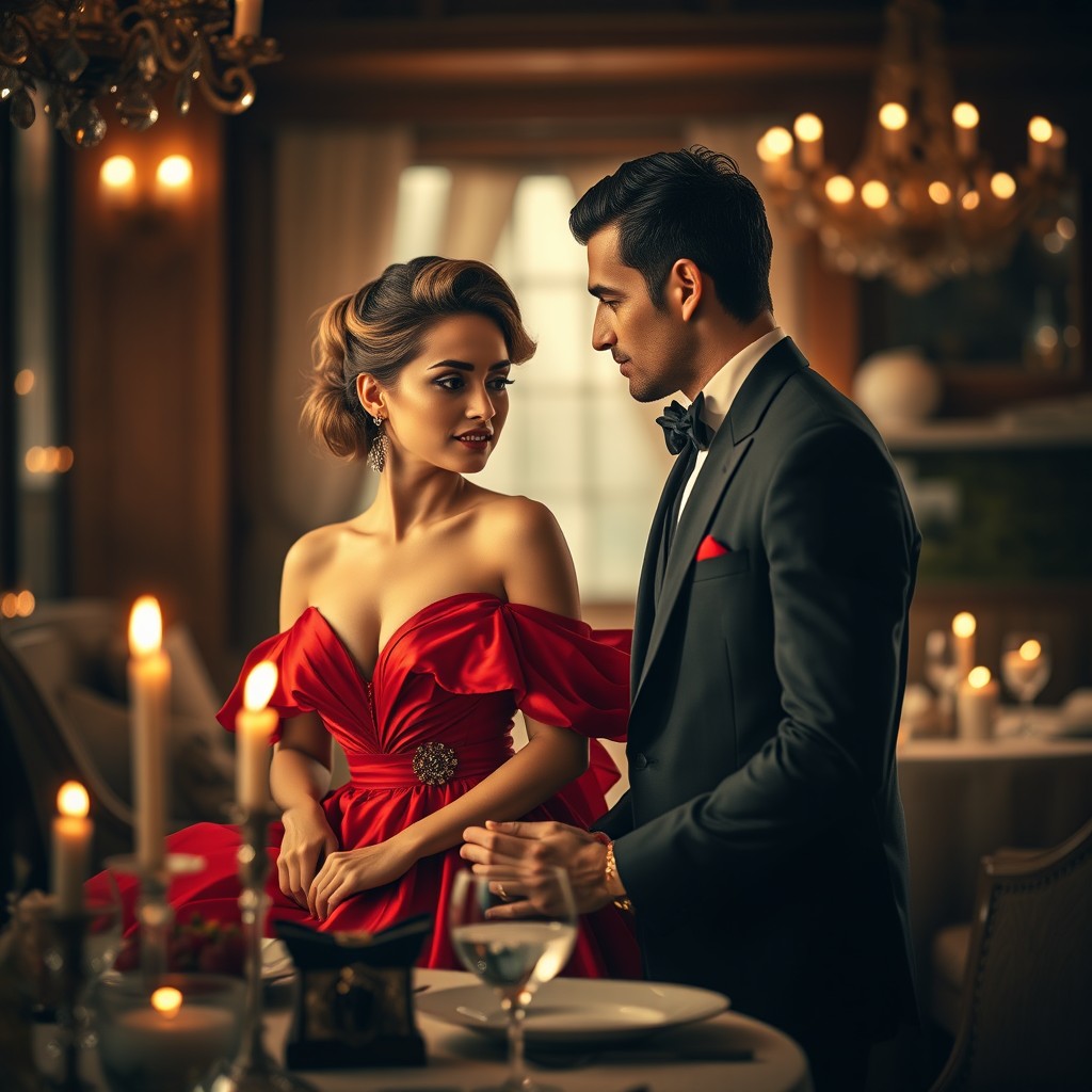 A visually striking and evocative scene depicting a sophisticated modern lifestyle, focused on themes of romance and complexity