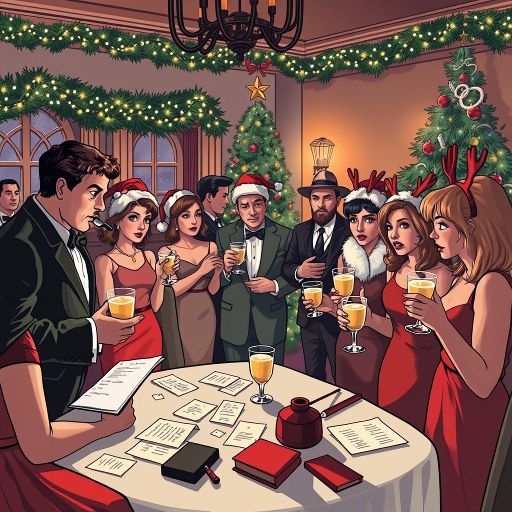 A festive Christmas murder mystery party scene featuring elegantly dressed guests in winter attire, mingling in a beautifully decorated room adorned with twinkling lights, garlands, and a large Christmas tree in the corner