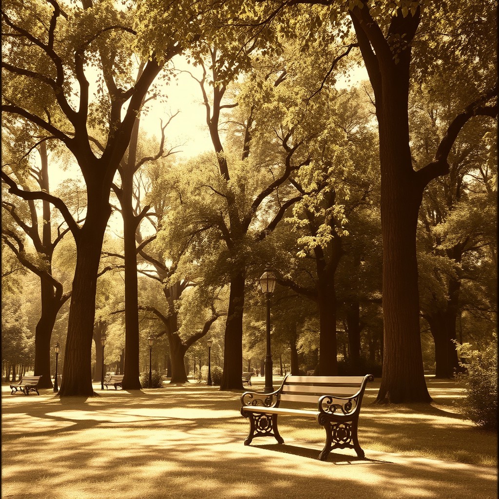 A peaceful 1920s park scene featuring tall trees with lush foliage and a vintage wooden bench in the foreground, capturing the charm of the era