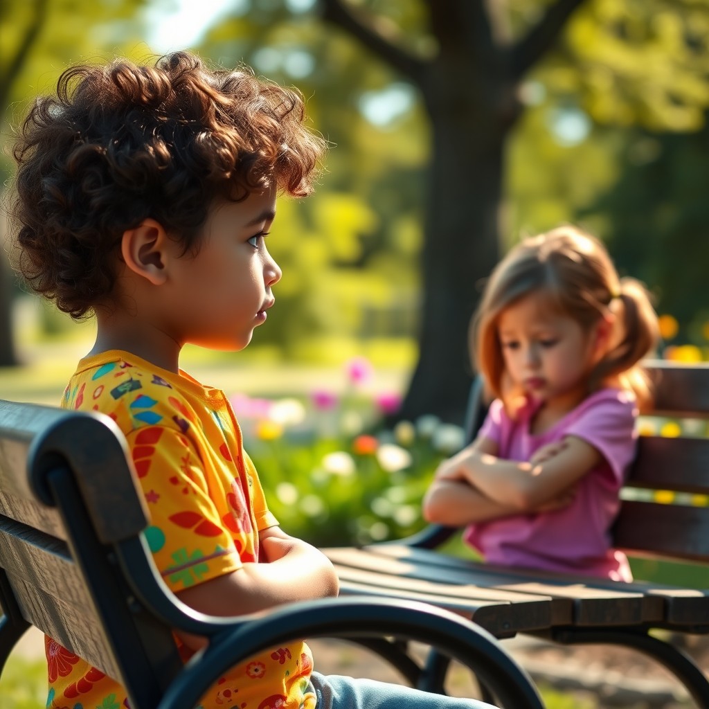 A small boy with curly hair, wearing a bright colorful shirt, looks thoughtfully at a girl named Lily sitting alone on a park bench