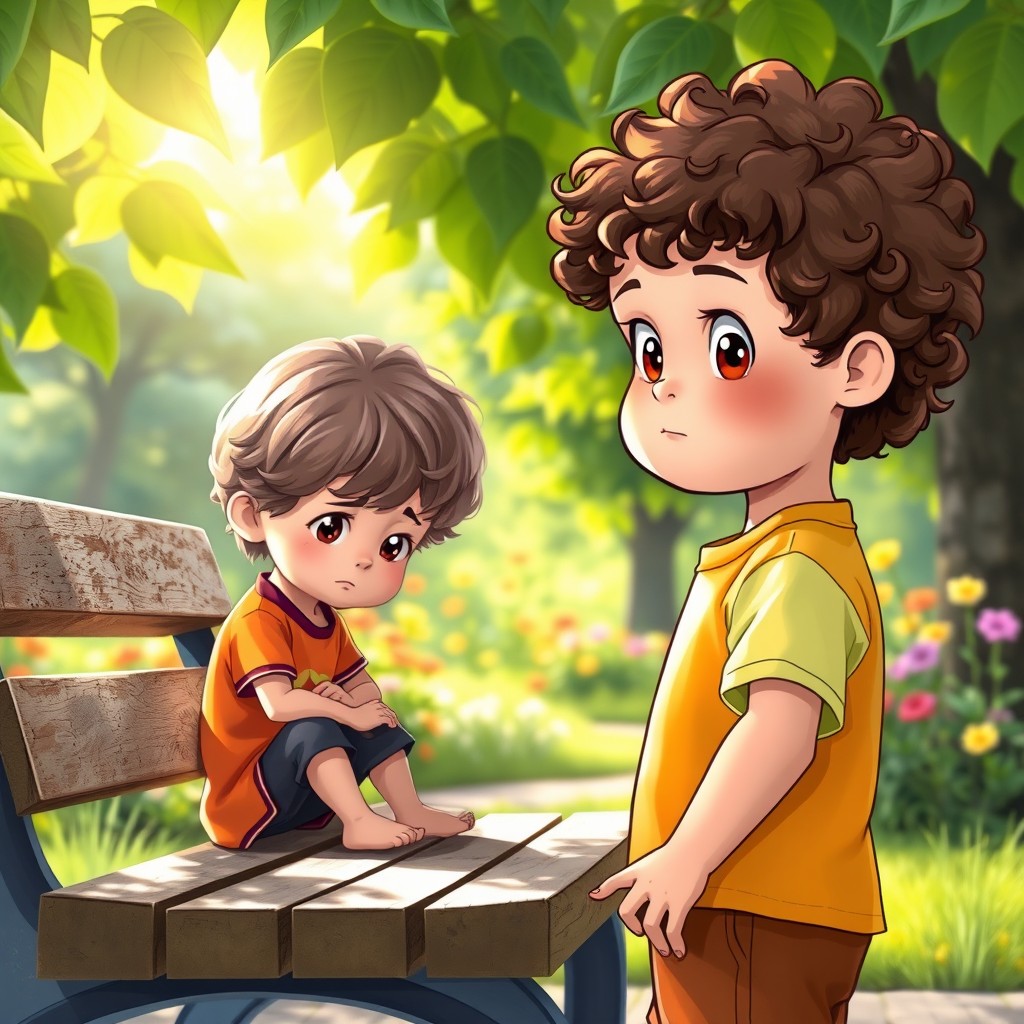 A heartwarming scene of a small boy with curly hair, his eyes filled with a mix of curiosity and concern, noticing his friend Lily sitting alone on a wooden bench