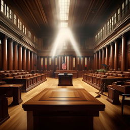 A grand court of law, filled with wooden benches and desks, intense spotlight on the judge's seat, with gavel and American flag, lawyers prepping for battle, saturated with a profound sense of justice and order.