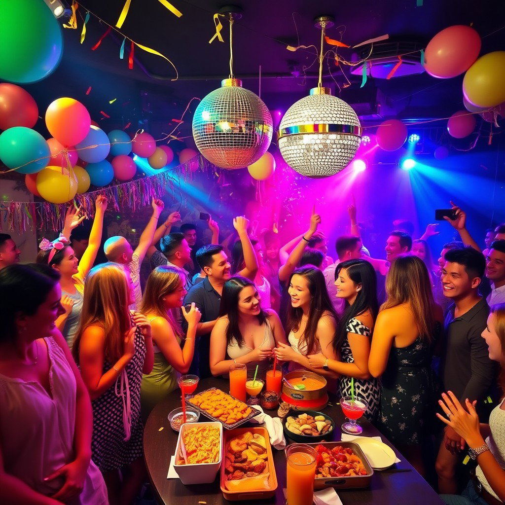 A vibrant and lively party scene filled with guests enjoying themselves, dancing to upbeat music under colorful lights