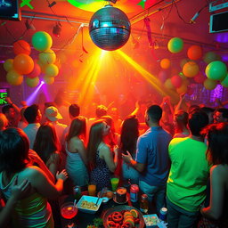 A vibrant and lively party scene filled with guests enjoying themselves, dancing to upbeat music under colorful lights