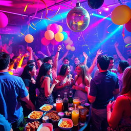 A vibrant and lively party scene filled with guests enjoying themselves, dancing to upbeat music under colorful lights