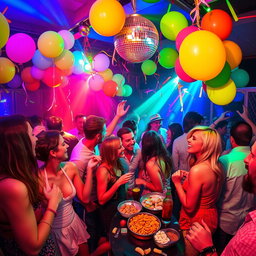 A vibrant and lively party scene filled with guests enjoying themselves, dancing to upbeat music under colorful lights