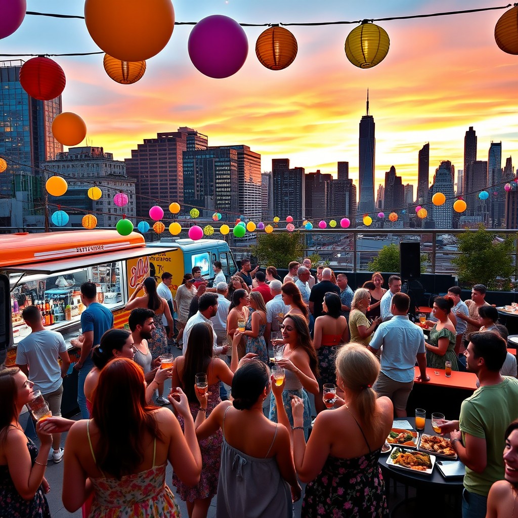 A lively outdoor party scene in New York City, with bright lights and decorations, people dancing, and enjoying themselves