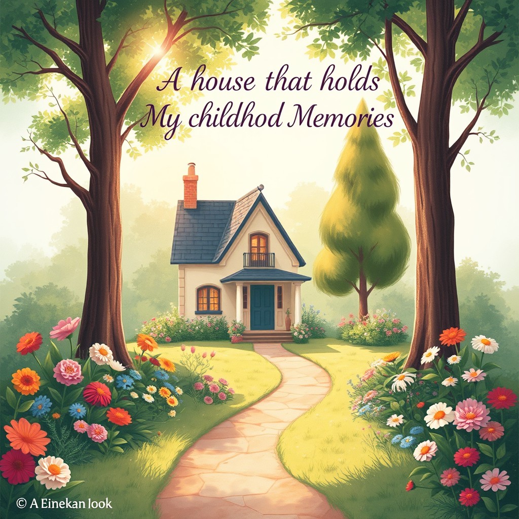 A beautifully illustrated book cover for the title 'A House That Holds My Childhood Memories'