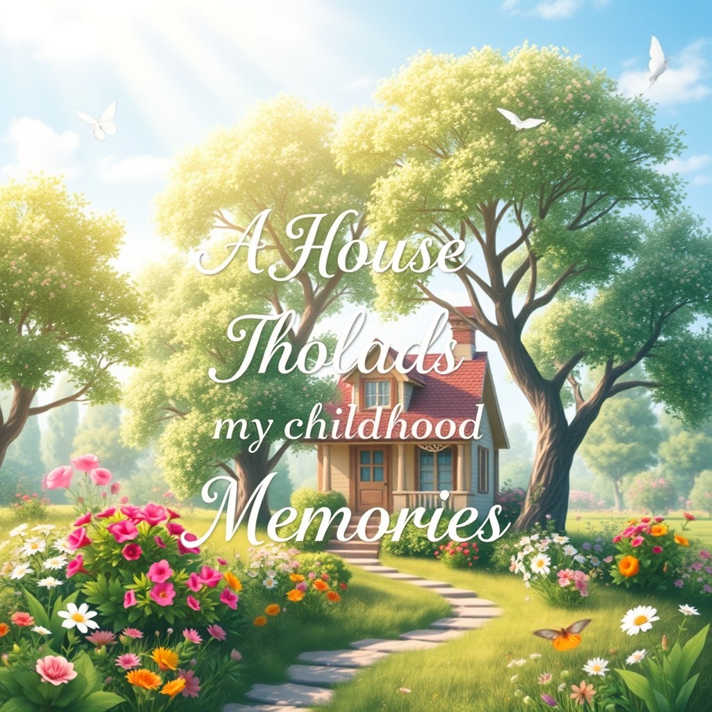 An enchanting book cover for a novel titled 'A House That Holds My Childhood Memories'