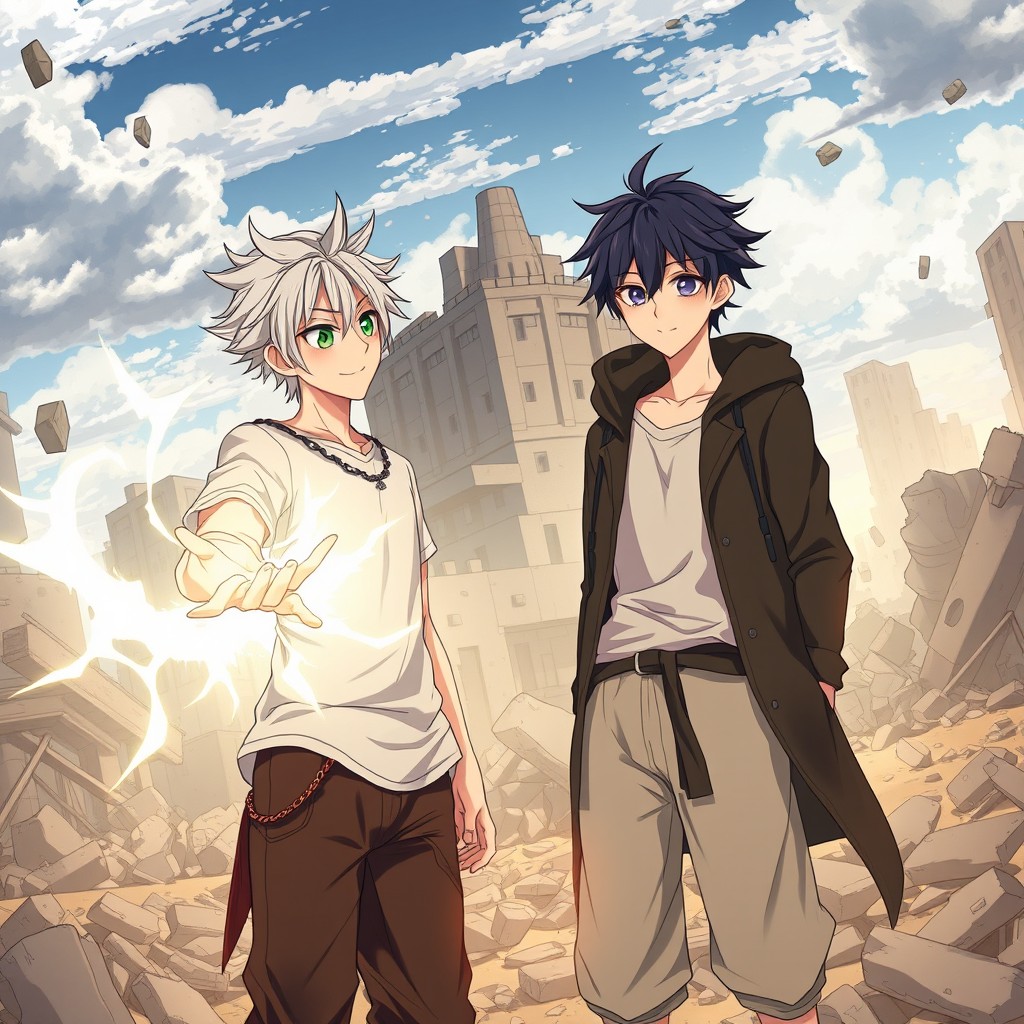 In a post-apocalyptic anime world, two handsome young men stand amidst the ruins of a once-thriving city