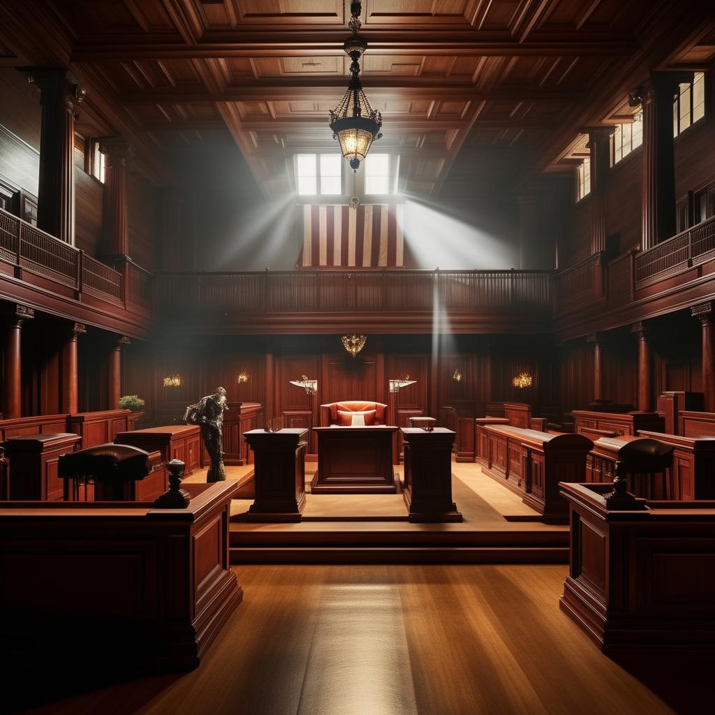 A grand court of law, filled with wooden benches and desks, intense spotlight on the judge's seat, with gavel and American flag, lawyers prepping for battle, saturated with a profound sense of justice and order.