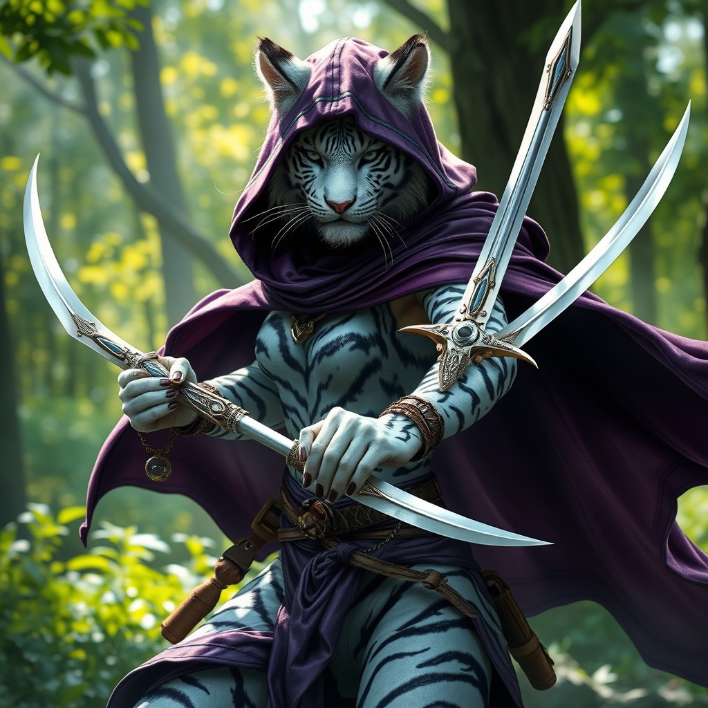 A fierce female White tiger tabaxi fighter, showcasing her detailed fur pattern and striking appearance