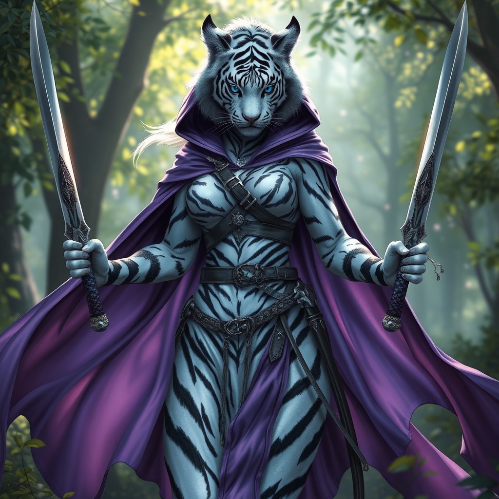 A fierce female White tiger tabaxi fighter, showcasing her detailed fur pattern and striking appearance