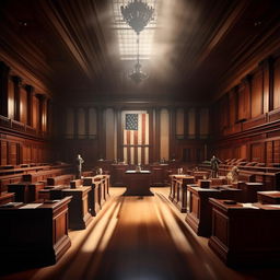 A grand court of law, filled with wooden benches and desks, intense spotlight on the judge's seat, with gavel and American flag, lawyers prepping for battle, saturated with a profound sense of justice and order.