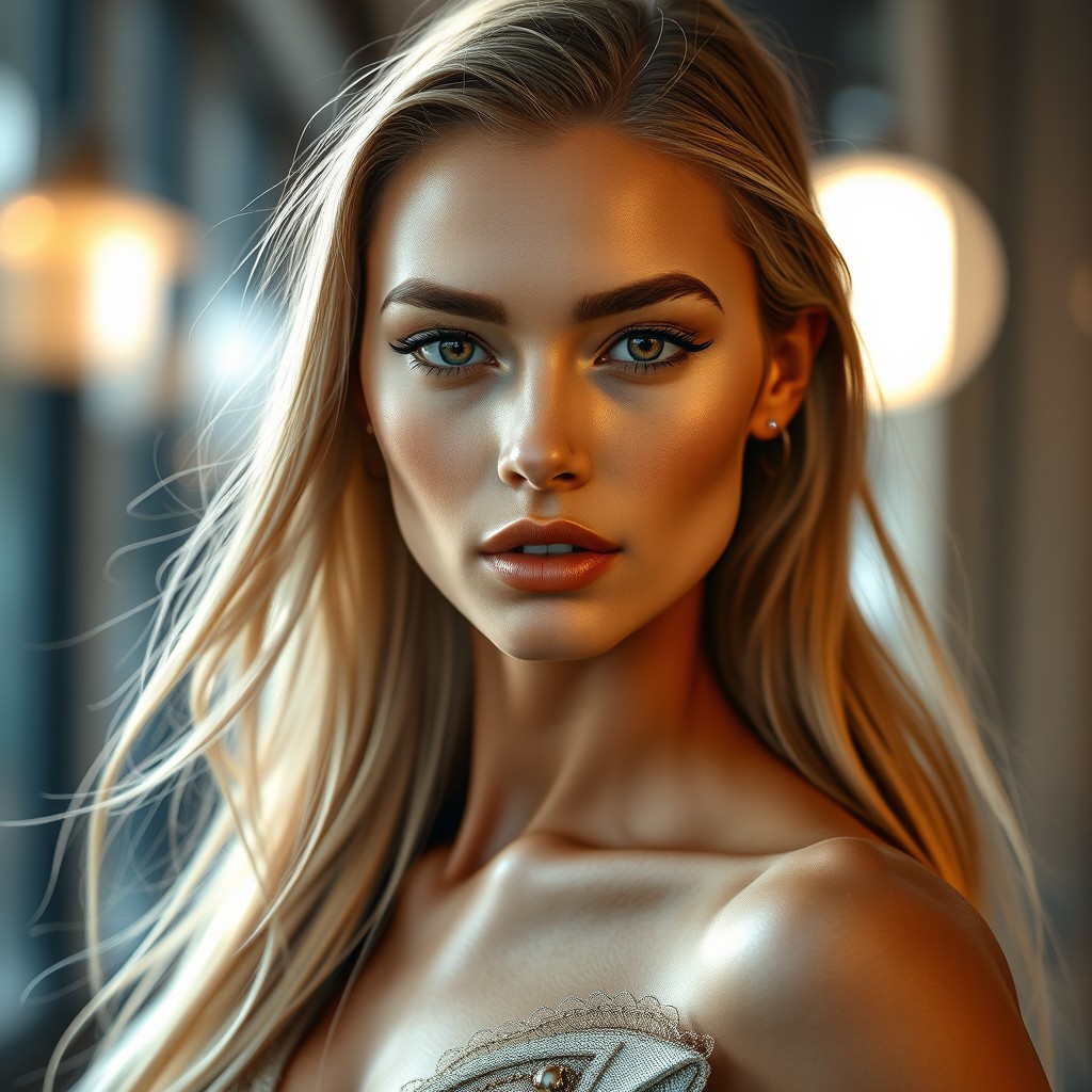 A hyper-realistic portrait of a stunning supermodel, showcasing flawless skin, striking facial features, and expressive eyes