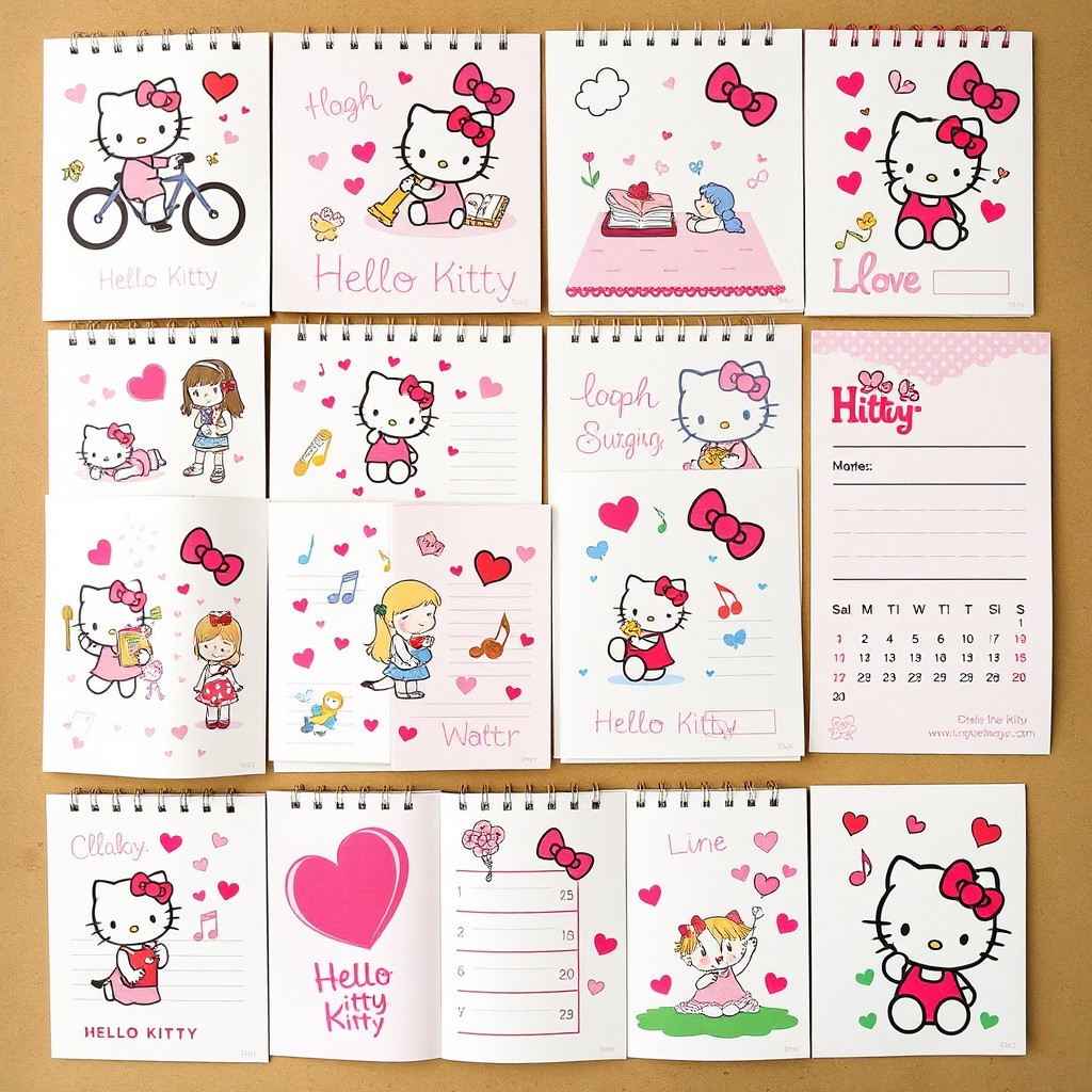 A whimsical collage of 15 different themed pages featuring Hello Kitty, each page adorned with vibrant and playful designs