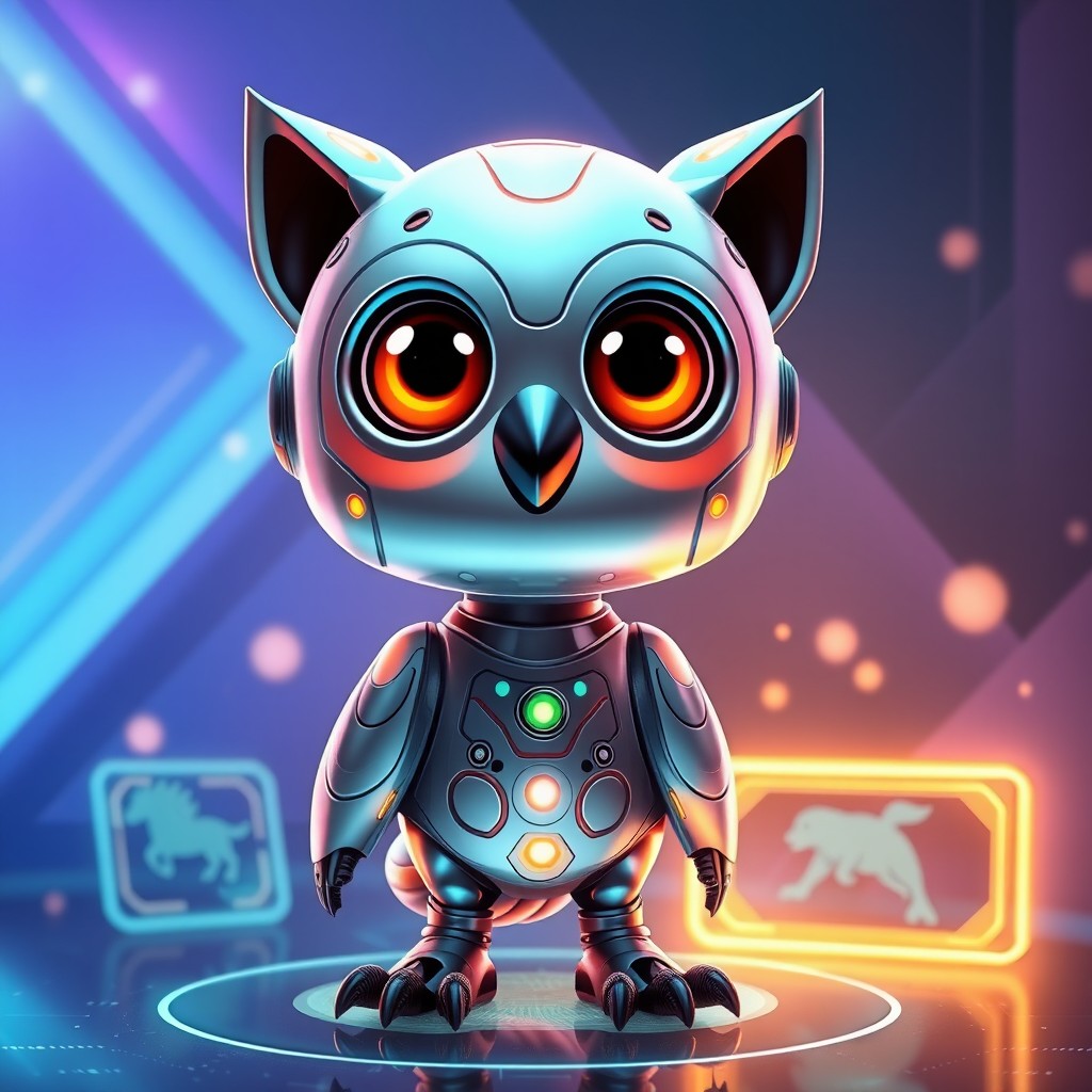 An anthropomorphic animal character designed to represent a friendly and intelligent AI, embodying traits of multiple animals, such as the intelligence of an owl, the playfulness of a dolphin, and the loyalty of a dog