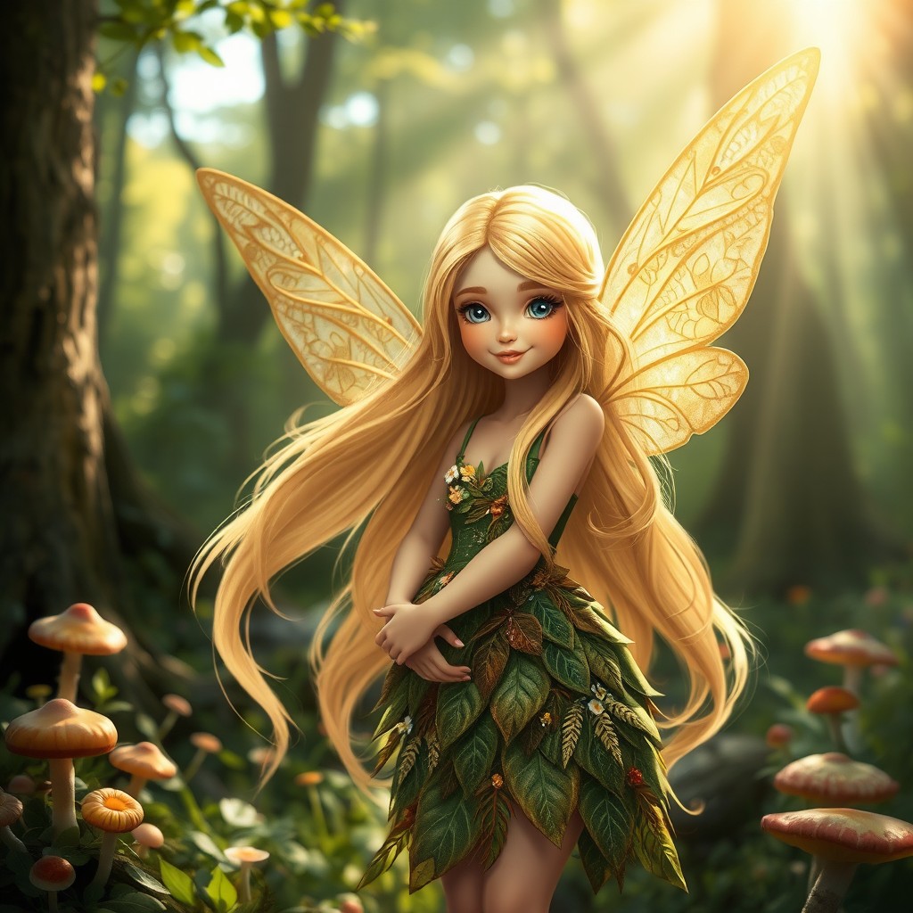 A beautiful woodland fairy girl with long, flowing blonde hair that sparkles with hints of gold