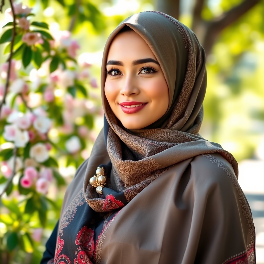 A beautiful woman wearing an elegant hijab, showcasing intricate patterns and vibrant colors