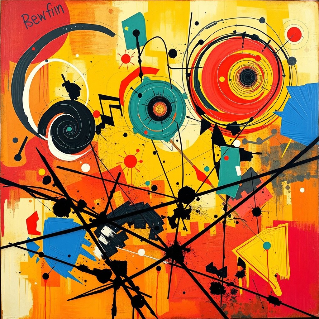 An abstract art composition featuring bold, vibrant colors and dynamic shapes