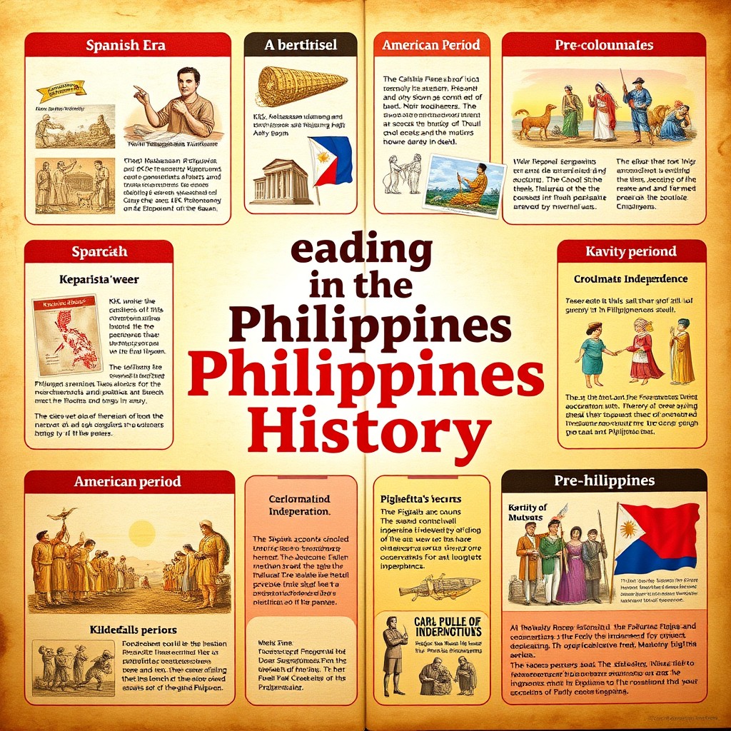 A vibrant educational poster showcasing the rich history of the Philippines, featuring various historical periods and key events