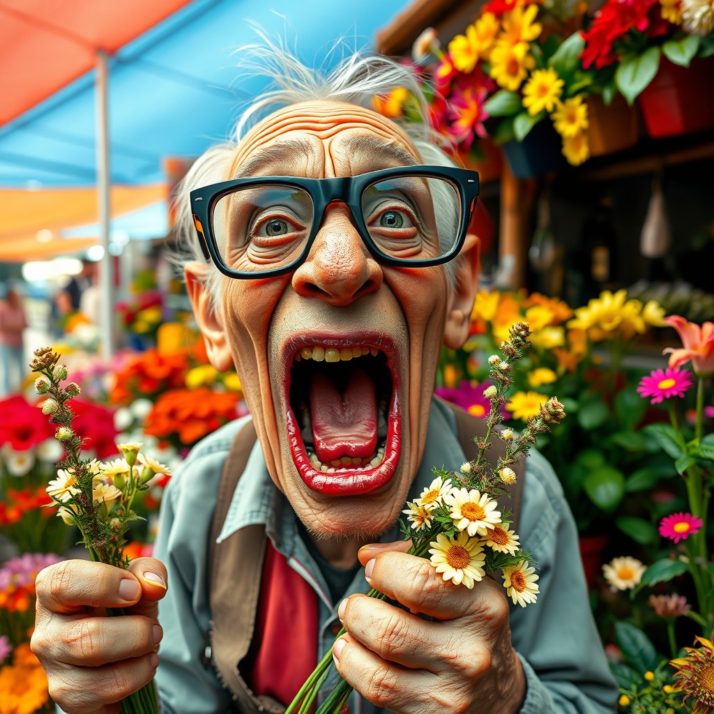 An ugly old man shouting, with oversized glasses, a crooked mouth, and long, dirty teeth