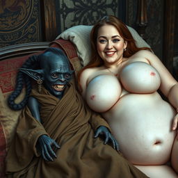 Lying on a medieval bed in a richly decorated medieval room, a small, emaciated black African female goblin with very dark skin and rotten teeth is dressed in a long, fully closed Buddhist cloak