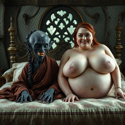 In a medieval bedroom, two characters are lying on a beautifully decorated bed