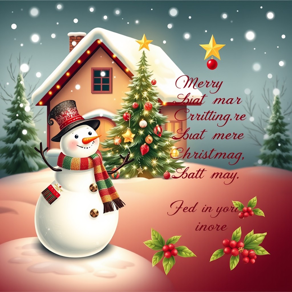 A beautifully designed seasonal greetings card featuring a cozy winter scene with snow gently falling on a quaint house adorned with twinkling Christmas lights