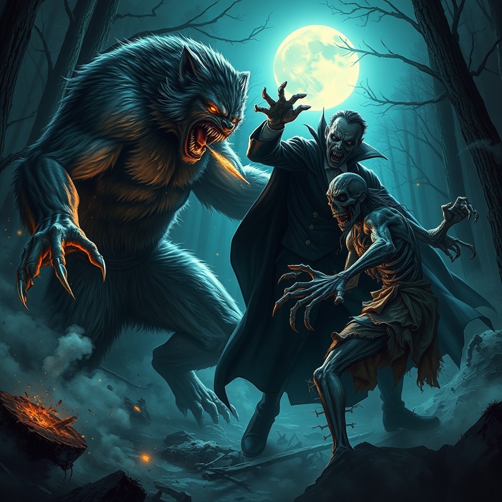 A fierce and dynamic scene depicting a werewolf, a vampire, and a zombie engaged in an epic battle
