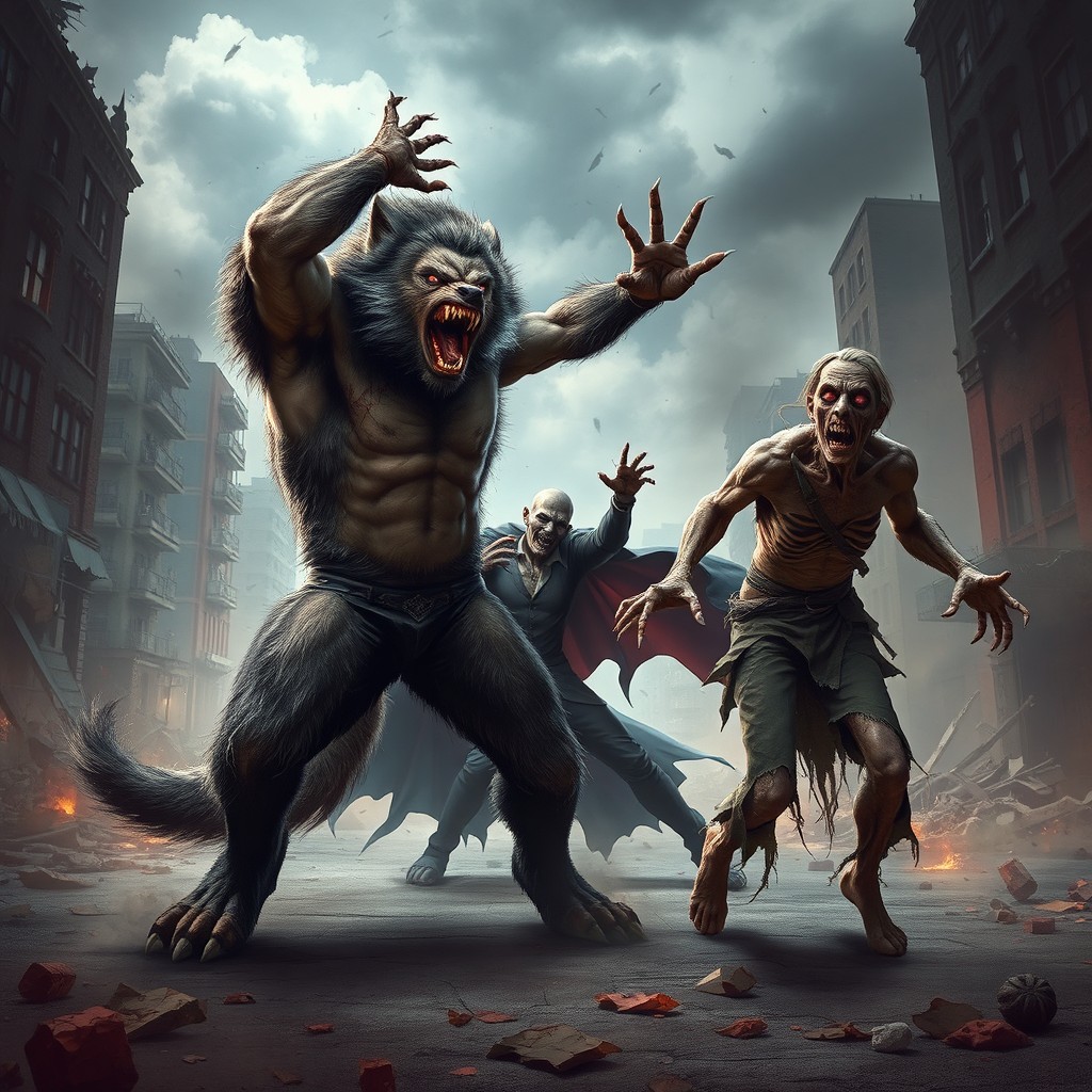 An intense and dramatic scene featuring a werewolf, a vampire, and a zombie fighting in a ruined cityscape