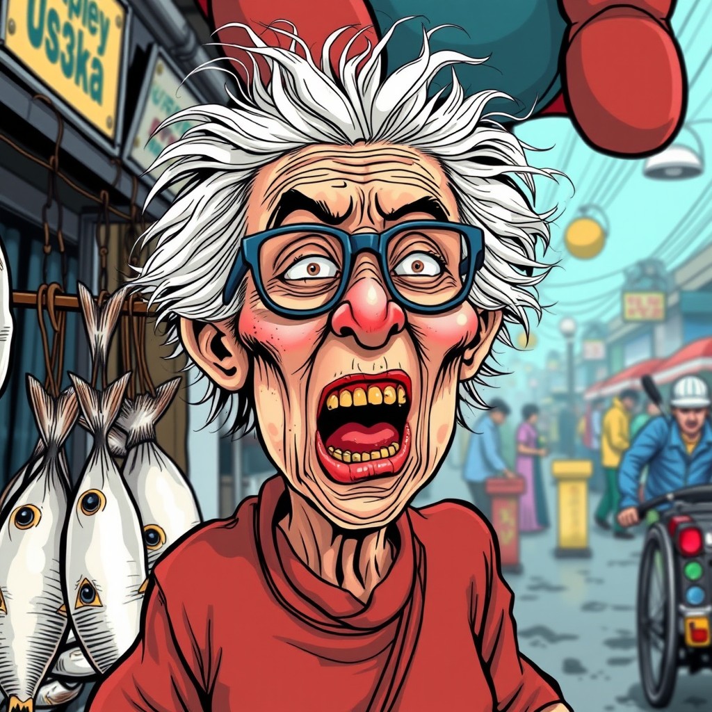 A quirky and humorous comic-style illustration of Maruja, a lively old grandmother with wild, unkempt hair, wearing tiny glasses