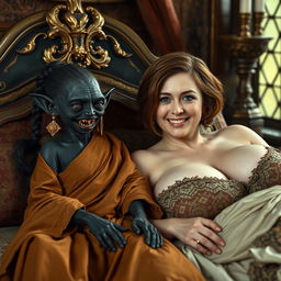 In an opulent medieval noble bedroom, two figures are lying on a lavishly adorned bed