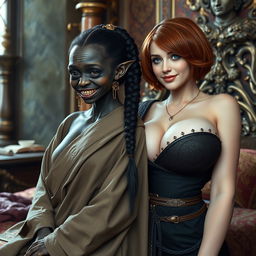 In an opulent medieval noble bedroom, a captivating scene features a very small female Goblin of deep African descent, with malnourished features, sharp decayed teeth, and very dark skin