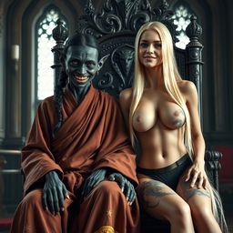 In a medieval room, a black-skinned female goblin, emaciated at 35 years old, with completely black skin and a short stature, sits on a grand medieval throne
