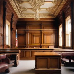 Large and imposing courtroom with polished wooden furniture, tall ceilings, and magnificently detailed walls. At the center stands a judge's bench, witness stand, and rows of seats for the public.