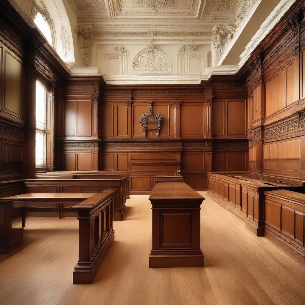 Large and imposing courtroom with polished wooden furniture, tall ceilings, and magnificently detailed walls. At the center stands a judge's bench, witness stand, and rows of seats for the public.